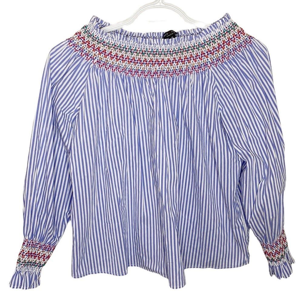 Romeo + Juliet off shoulder smocked striped peasant blouse with embroidery sz M